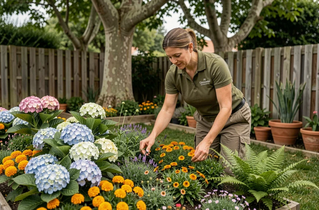 Jardinière professionnelle aménageant des îles fleuries colorées dans un jardin résidentiel en Gironde