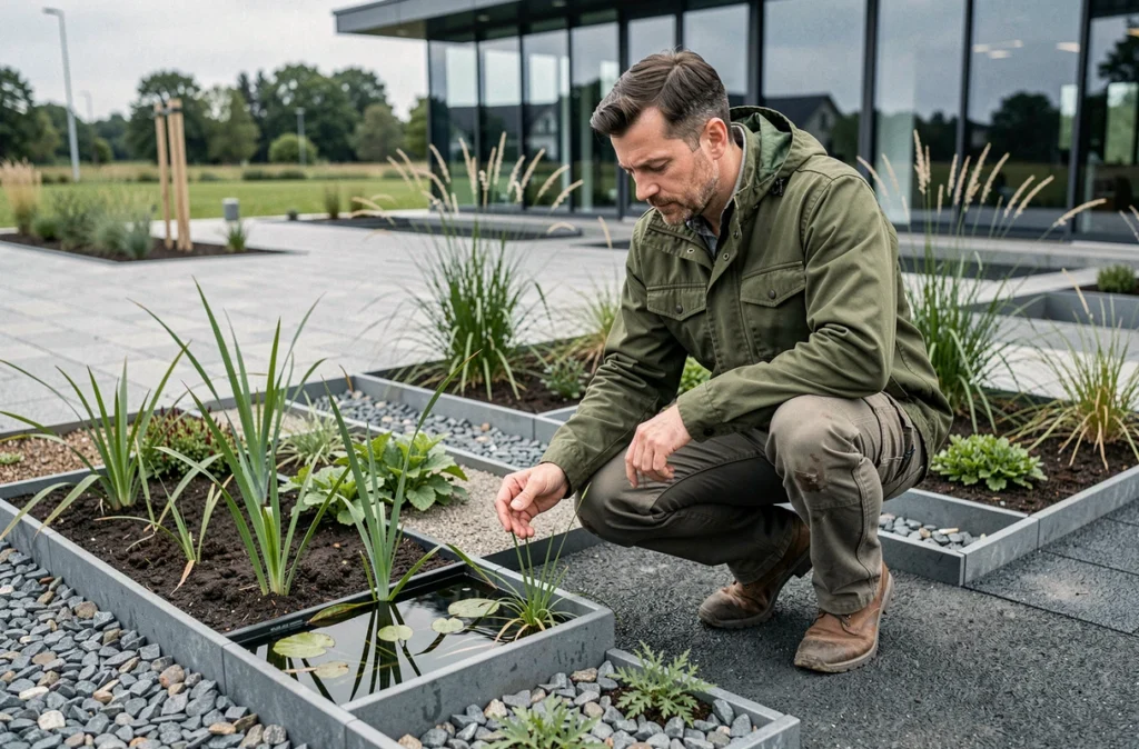 Paysagiste d'In Vivo Paysage inspectant un jardin écologique avec noue paysagère et plantes natives en Gironde