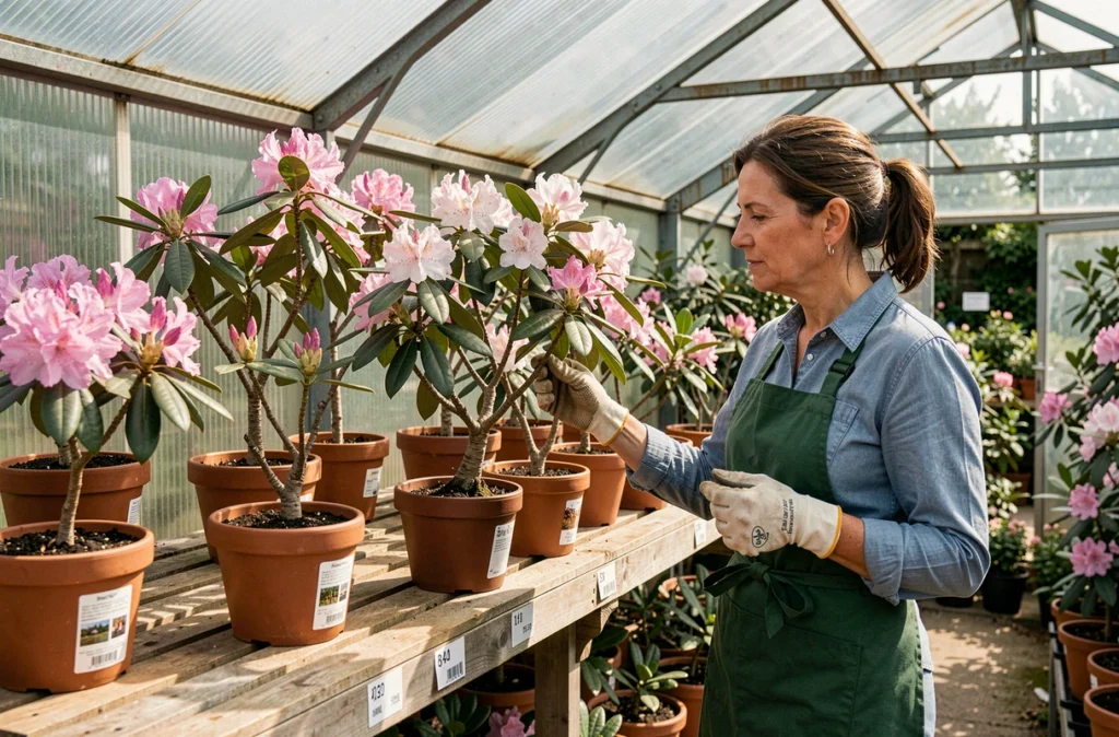 Femme jardinière choisissant un rhododendron en pot dans une jardinerie avec plusieurs variétés exposées