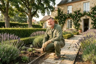 Jardinier professionnel entretenant un jardin fleuri typique de la Gironde, avec haies taillées et allées en pierre