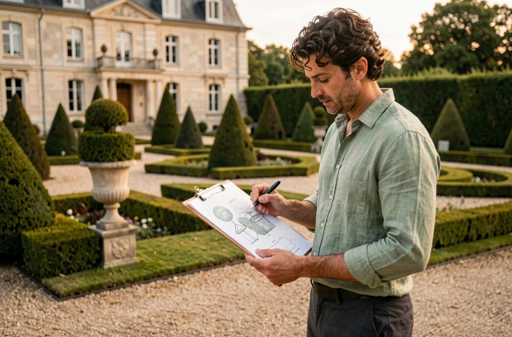 Paysagiste des Jardins d'Alexandre consultant un plan de plantation dans un jardin ornemental élégant en Gironde