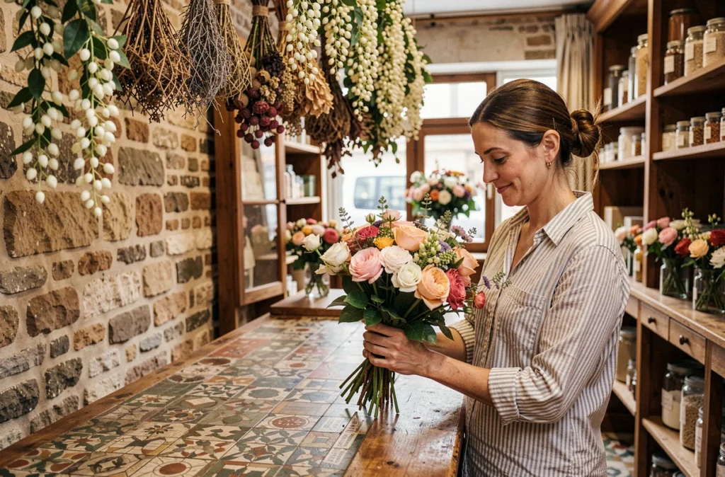 Fleuriste de Jasmin Fleurs enveloppant un bouquet dans une boutique parisienne aux murs en pierre et sol en mosaïque