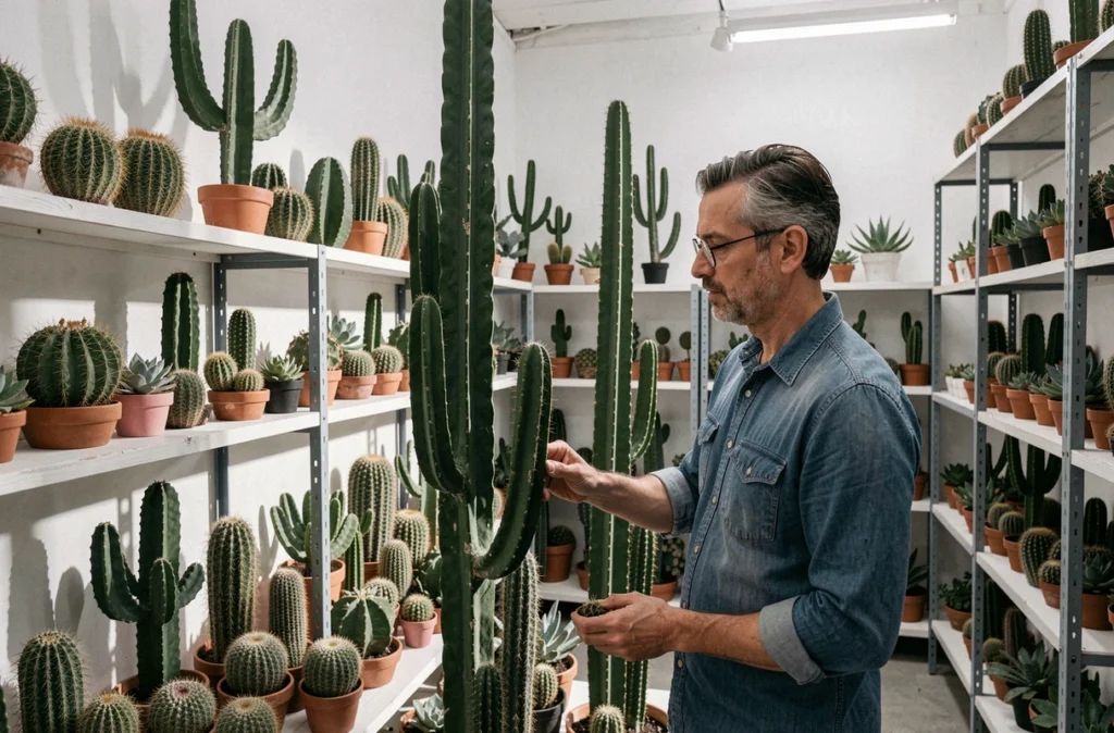 Intérieur de la boutique Le Cactus à Idées avec collection de cactus et succulentes sur des étagères blanches