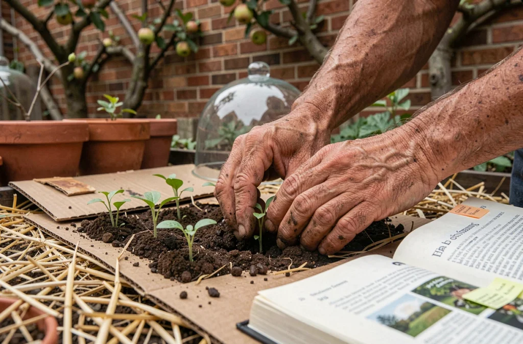 Mains expérimentées plantant des semis dans un potager en permaculture sans labour avec un livre de référence ouvert en arrière-plan