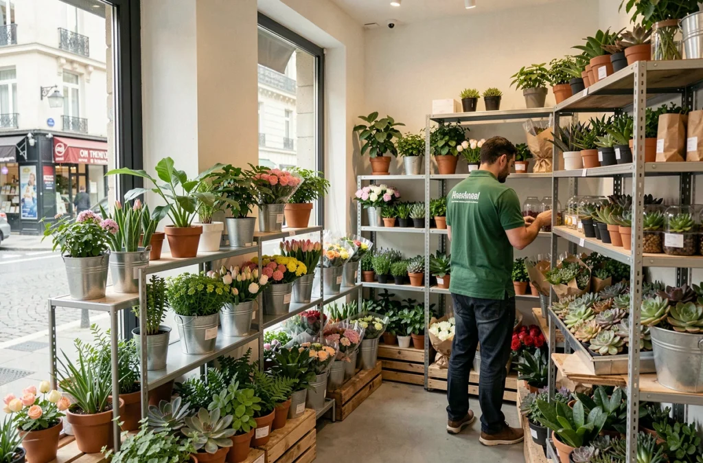 Espace de vente floral organisé de Monceau Fleurs dans le 10e arrondissement de Paris avec plantes et fleurs coupées