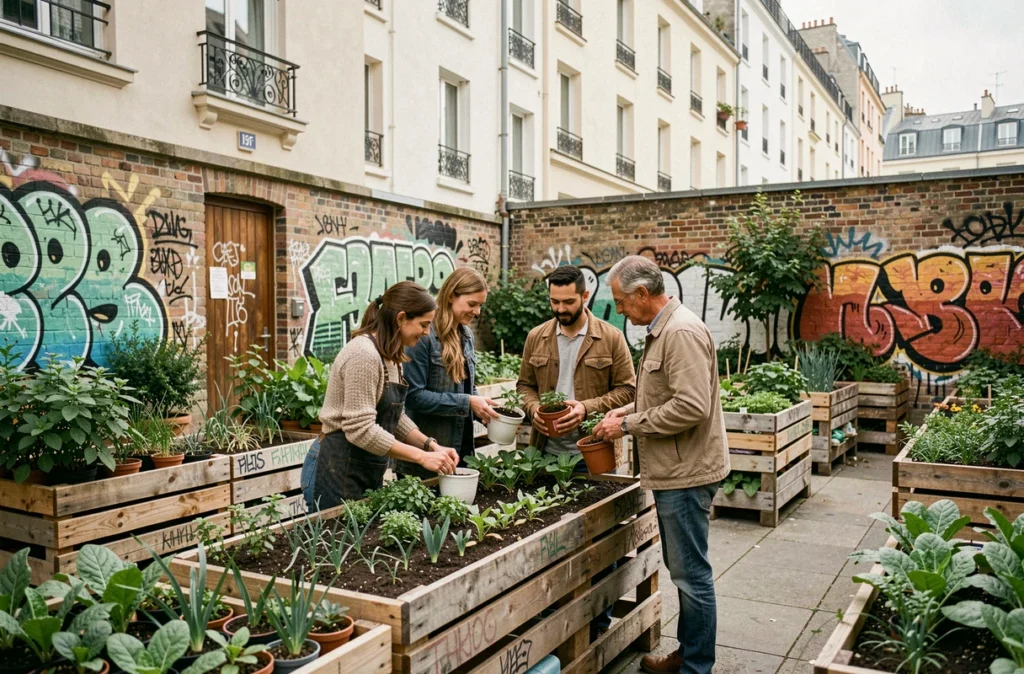 Membres de Paris Pousse jardinant ensemble dans une pépinière urbaine associative avec bacs potagers en plein air