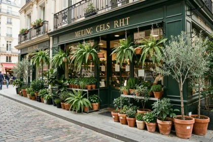 Devanture d'une pépinière parisienne avec plantes vertes et pots en terre cuite sur un trottoir pavé