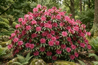 Rhododendron en pleine floraison avec des fleurs rose magenta dans un jardin boisé naturel