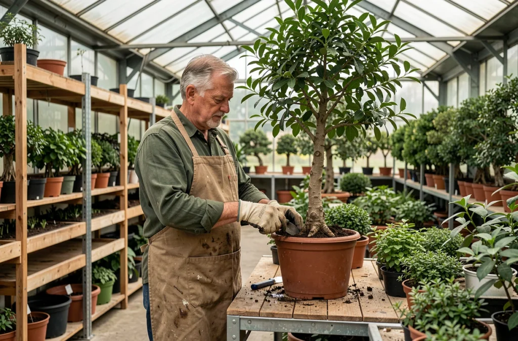 Horticulteur rempotant un arbre specimen dans la serre de la pépinière Ripaud à Paris