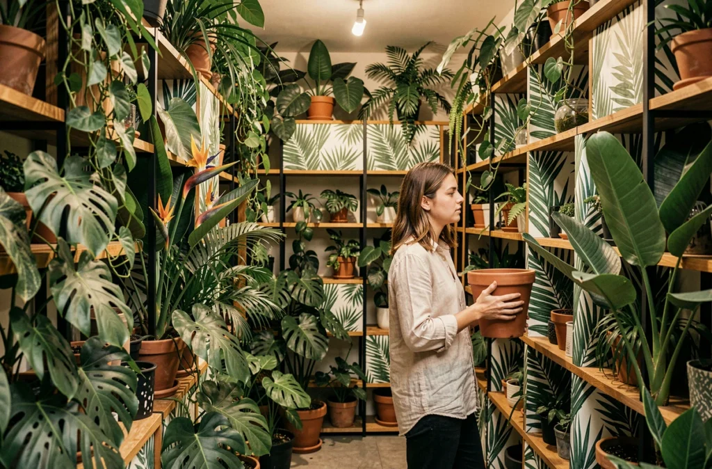 Intérieur luxuriant de la boutique Sweet Jungle avec plantes tropicales et clientèle parcourant les rayons