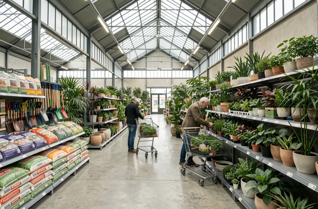 Allées spacieuses d'un jardinerie Truffaut à Paris avec plantes, outils de jardinage et clients faisant leurs achats
