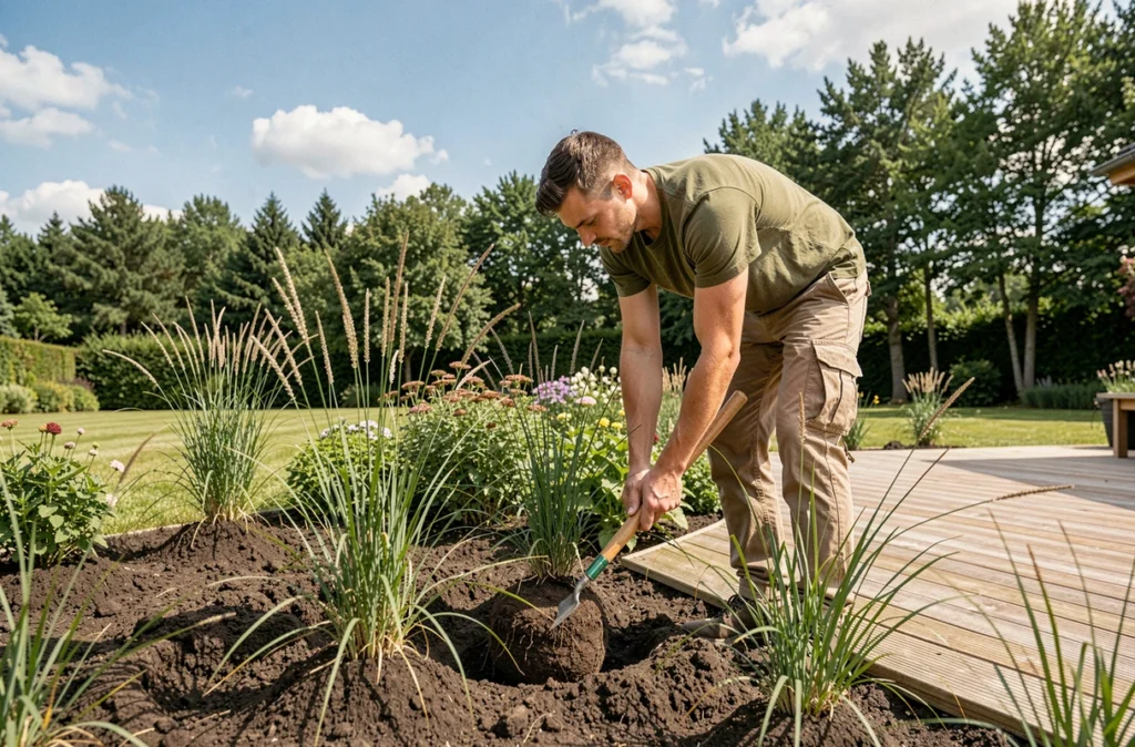 Jeune paysagiste de Virgile Espaces Verts plantant des graminées ornementales dans un jardin aménagé en Gironde