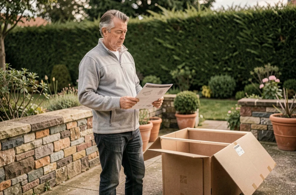 Homme assemblant un cabanon de jardin acheté en grande surface, s'interrogeant sur les règles d'urbanisme à respecter