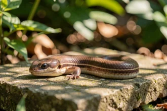 Orvet posé au soleil sur une pierre de jardin